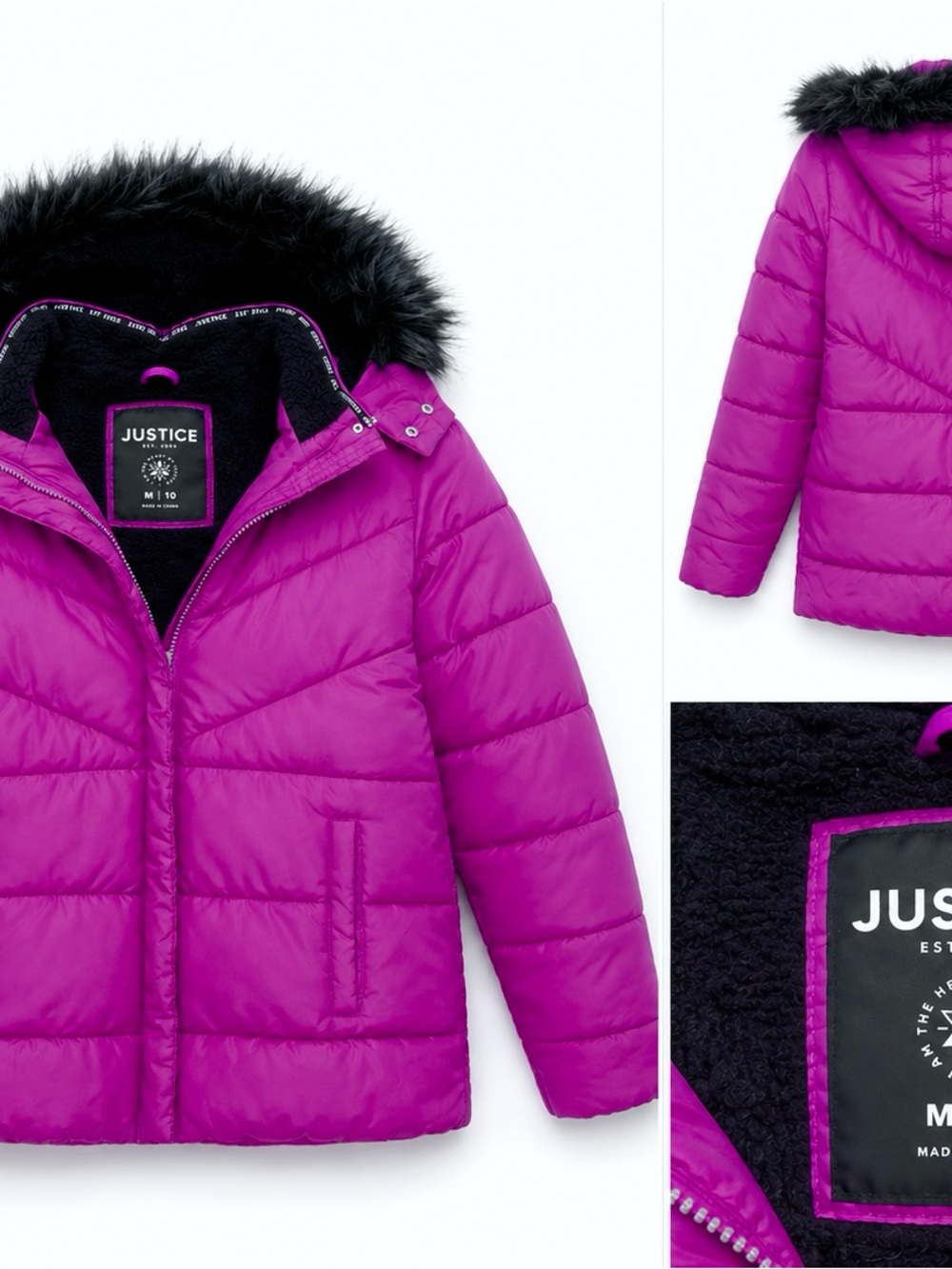 Justice Girls' Magenta Puffer Jacket with Black Faux Fur Hood